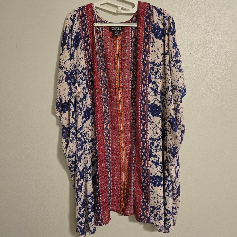 Angie Women's Size S Bohemian Floral Printed Kimono Long Cardigan Red Blue & Tan